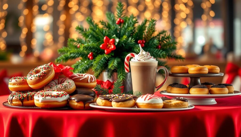 A beautifully arranged holiday menu display featuring a variety of festive treats from Dunkin Donuts. In the foreground, a tall, elegant table is adorned with a vibrant red tablecloth, showcasing an assortment of holiday-themed donuts topped with colorful sprinkles, a peppermint mocha latte in a festive cup, and a plate of seasonal pastries. In the middle, a cheerful arrangement of holly and pine branches enhances the festive atmosphere. The background features soft, warm lighting that creates a cozy ambiance, with bokeh effects of dangling Christmas lights in soft focus. The overall mood is joyful and inviting, perfect for celebrating the holiday season, evoking feelings of warmth and togetherness. A beautifully arranged holiday menu display featuring a variety of festive treats from Dunkin Donuts. In the foreground, a tall, elegant table is adorned with a vibrant red tablecloth, showcasing an assortment of holiday-themed donuts topped with colorful sprinkles, a peppermint mocha latte in a festive cup, and a plate of seasonal pastries. In the middle, a cheerful arrangement of holly and pine branches enhances the festive atmosphere. The background features soft, warm lighting that creates a cozy ambiance, with bokeh effects of dangling Christmas lights in soft focus. The overall mood is joyful and inviting, perfect for celebrating the holiday season, evoking feelings of warmth and togetherness.