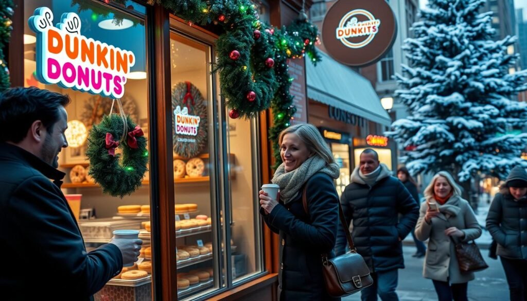 A cozy Dunkin' Donuts storefront adorned with festive Christmas decorations, including colorful lights and a large holiday wreath on the door. In the foreground, a friendly barista in a Dunkin' uniform is cheerfully serving a hot cup of coffee to a customer dressed in a winter coat and muffler. The middle ground features a festive display of holiday-themed donuts in the shop window, and the busy street outside is blanketed with a light dusting of snow, with cheerful pedestrians bundled up and enjoying the holiday atmosphere. Soft, warm lighting appears to glow from within the shop, creating an inviting ambiance. A snow-covered pine tree can be seen in the background, enhancing the holiday spirit. The overall mood is warm, inviting, and festive, perfect for the Christmas season. A cozy Dunkin' Donuts storefront adorned with festive Christmas decorations, including colorful lights and a large holiday wreath on the door. In the foreground, a friendly barista in a Dunkin' uniform is cheerfully serving a hot cup of coffee to a customer dressed in a winter coat and muffler. The middle ground features a festive display of holiday-themed donuts in the shop window, and the busy street outside is blanketed with a light dusting of snow, with cheerful pedestrians bundled up and enjoying the holiday atmosphere. Soft, warm lighting appears to glow from within the shop, creating an inviting ambiance. A snow-covered pine tree can be seen in the background, enhancing the holiday spirit. The overall mood is warm, inviting, and festive, perfect for the Christmas season.
