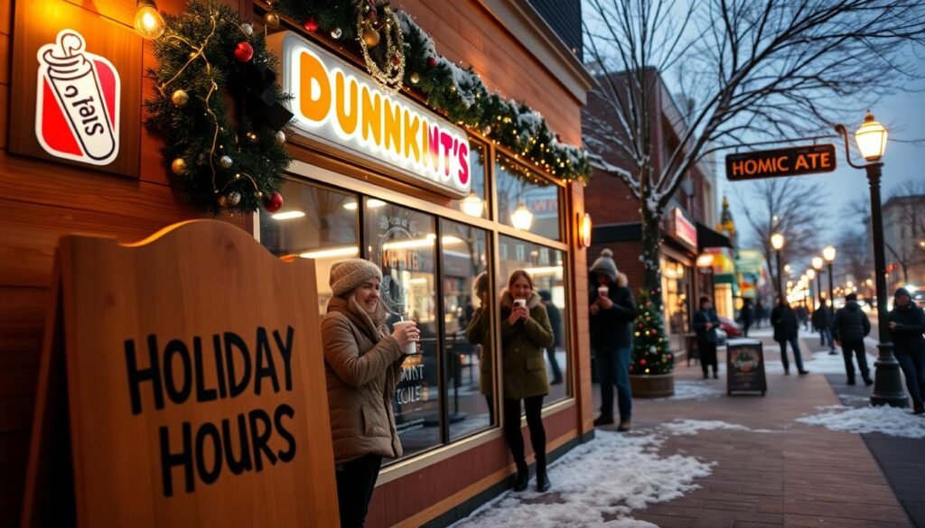 A cozy Dunkin' Donuts storefront during the holiday season, adorned with festive decorations like twinkling lights and a wreath, situated in a bustling shopping district. In the foreground, a wooden sign prominently displays "Holiday Hours" with an inviting design. The middle ground features cheerful customers in modest winter clothing, enjoying hot beverages while peering through the large glass windows. In the background, a snowy evening sky casts a warm glow from street lamps, enhancing the festive atmosphere. Soft, ambient lighting highlights the scene, evoking feelings of joy and togetherness. The camera angle is slightly elevated, capturing both the sign and the activity around the store, inviting viewers to experience the holiday spirit. A cozy Dunkin' Donuts storefront during the holiday season, adorned with festive decorations like twinkling lights and a wreath, situated in a bustling shopping district. In the foreground, a wooden sign prominently displays "Holiday Hours" with an inviting design. The middle ground features cheerful customers in modest winter clothing, enjoying hot beverages while peering through the large glass windows. In the background, a snowy evening sky casts a warm glow from street lamps, enhancing the festive atmosphere. Soft, ambient lighting highlights the scene, evoking feelings of joy and togetherness. The camera angle is slightly elevated, capturing both the sign and the activity around the store, inviting viewers to experience the holiday spirit.