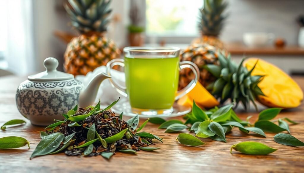 A harmonious arrangement of green tea ingredients artfully displayed on a wooden table. In the foreground, fresh green tea leaves glisten with morning dew, their vibrant green contrasting with a small pile of dried tea leaves beside a decorative ceramic tea pot. The middle ground features a delicate glass cup filled with brewed green tea, steam rising gently, against a backdrop of crushed ice, mango chunks, and pineapple slices, highlighting the refreshing aspect of the ingredients. In the background, soft diffused lighting creates a warm atmosphere, suggesting morning light filtering through a kitchen window. The overall mood is inviting and fresh, emphasizing the essence of green tea's core ingredients. A harmonious arrangement of green tea ingredients artfully displayed on a wooden table. In the foreground, fresh green tea leaves glisten with morning dew, their vibrant green contrasting with a small pile of dried tea leaves beside a decorative ceramic tea pot. The middle ground features a delicate glass cup filled with brewed green tea, steam rising gently, against a backdrop of crushed ice, mango chunks, and pineapple slices, highlighting the refreshing aspect of the ingredients. In the background, soft diffused lighting creates a warm atmosphere, suggesting morning light filtering through a kitchen window. The overall mood is inviting and fresh, emphasizing the essence of green tea's core ingredients.