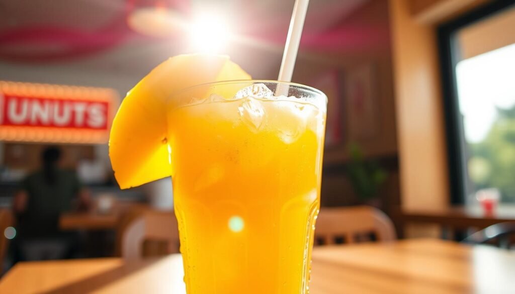 A refreshing mango pineapple drink in a clear, ice-filled glass, adorned with vibrant slices of fresh mango and pineapple on the rim. Sunlight filters through, casting a warm glow on the drink, emphasizing its bright yellow-orange hue. The foreground features droplets of condensation on the glass, highlighting a cool, thirst-quenching feel. In the background, a subtle blur of a Dunkin' Donuts café setting can be seen, with hints of the brand's signature colors. The overall atmosphere is inviting and summery, evoking a sense of refreshment and joy. The image captures the essence of a delicious summer beverage, perfect for energizing moments. The composition should focus on a slightly elevated angle, showcasing the drink's colorful ingredients while maintaining a clean and professional aesthetic. A refreshing mango pineapple drink in a clear, ice-filled glass, adorned with vibrant slices of fresh mango and pineapple on the rim. Sunlight filters through, casting a warm glow on the drink, emphasizing its bright yellow-orange hue. The foreground features droplets of condensation on the glass, highlighting a cool, thirst-quenching feel. In the background, a subtle blur of a Dunkin' Donuts café setting can be seen, with hints of the brand's signature colors. The overall atmosphere is inviting and summery, evoking a sense of refreshment and joy. The image captures the essence of a delicious summer beverage, perfect for energizing moments. The composition should focus on a slightly elevated angle, showcasing the drink's colorful ingredients while maintaining a clean and professional aesthetic.