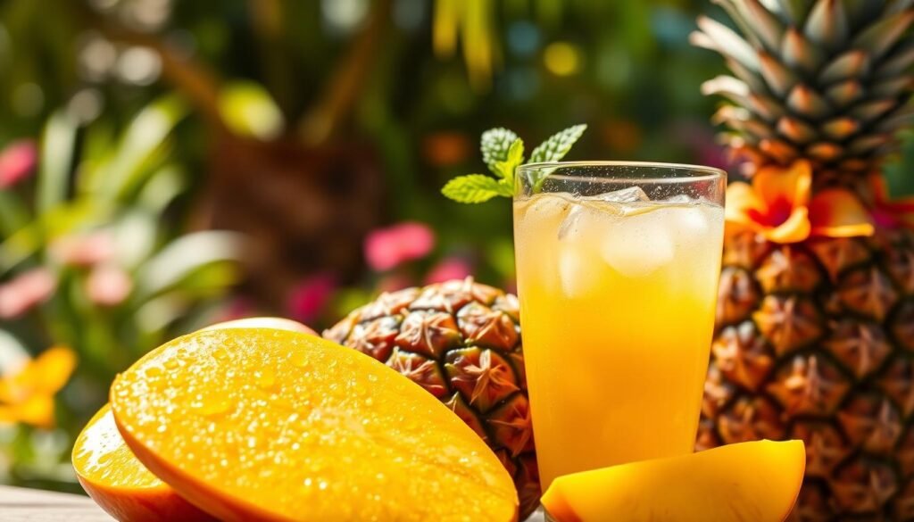 A vibrant and refreshing composition showcasing a mango and pineapple pairing. In the foreground, place a beautifully sliced ripe mango and a juicy, freshly cut pineapple, both glistening with droplets of water for a fresh look. In the middle ground, feature a clear glass filled with a bright, tropical mango pineapple refresher, garnished with a sprig of mint, catching sunlight to create a sparkling effect. The background should be blurred, evoking a tropical garden filled with lush greenery and hints of colorful flowers, enhancing the refreshing atmosphere. Use natural, warm lighting to convey a feeling of warmth and rejuvenation, captured from a slightly elevated angle to showcase the vibrant colors. The overall mood should feel inviting and energizing, perfect for a summer snack. A vibrant and refreshing composition showcasing a mango and pineapple pairing. In the foreground, place a beautifully sliced ripe mango and a juicy, freshly cut pineapple, both glistening with droplets of water for a fresh look. In the middle ground, feature a clear glass filled with a bright, tropical mango pineapple refresher, garnished with a sprig of mint, catching sunlight to create a sparkling effect. The background should be blurred, evoking a tropical garden filled with lush greenery and hints of colorful flowers, enhancing the refreshing atmosphere. Use natural, warm lighting to convey a feeling of warmth and rejuvenation, captured from a slightly elevated angle to showcase the vibrant colors. The overall mood should feel inviting and energizing, perfect for a summer snack.